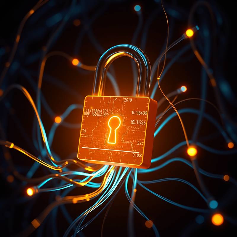 Image representing cybersecurity threats with a digital lock and network connections.